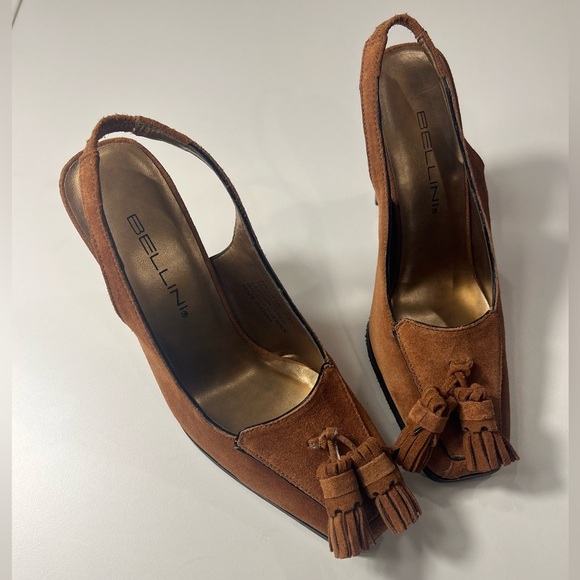 Bellini 7W Camel Suede Sling Back Pumps Tassel Square Toe - Picture 1 of 12